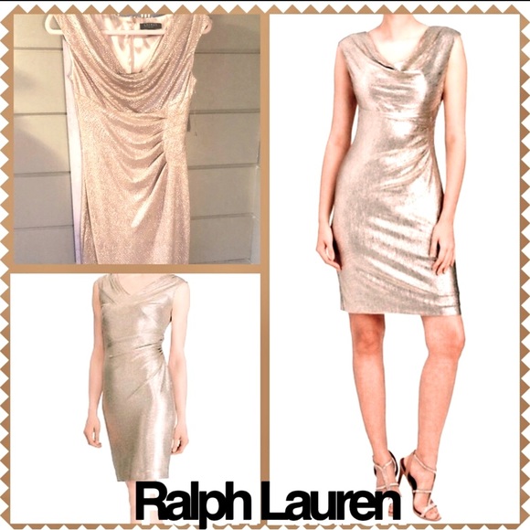 Lauren Ralph metallic white gold ruched & draped Neck Holiday Dress NEW RE$299 S - Picture 8 of 15